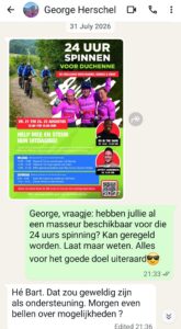Aankondiging 24 uur spinnen voor Duchenne in mijn Whatsapp Aankondiging 24 uur spinnen voor Duchenne in mijn Whatsapp